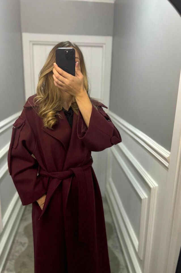 Kolları Cep Detaylı Kaşe Kaban-Bordo